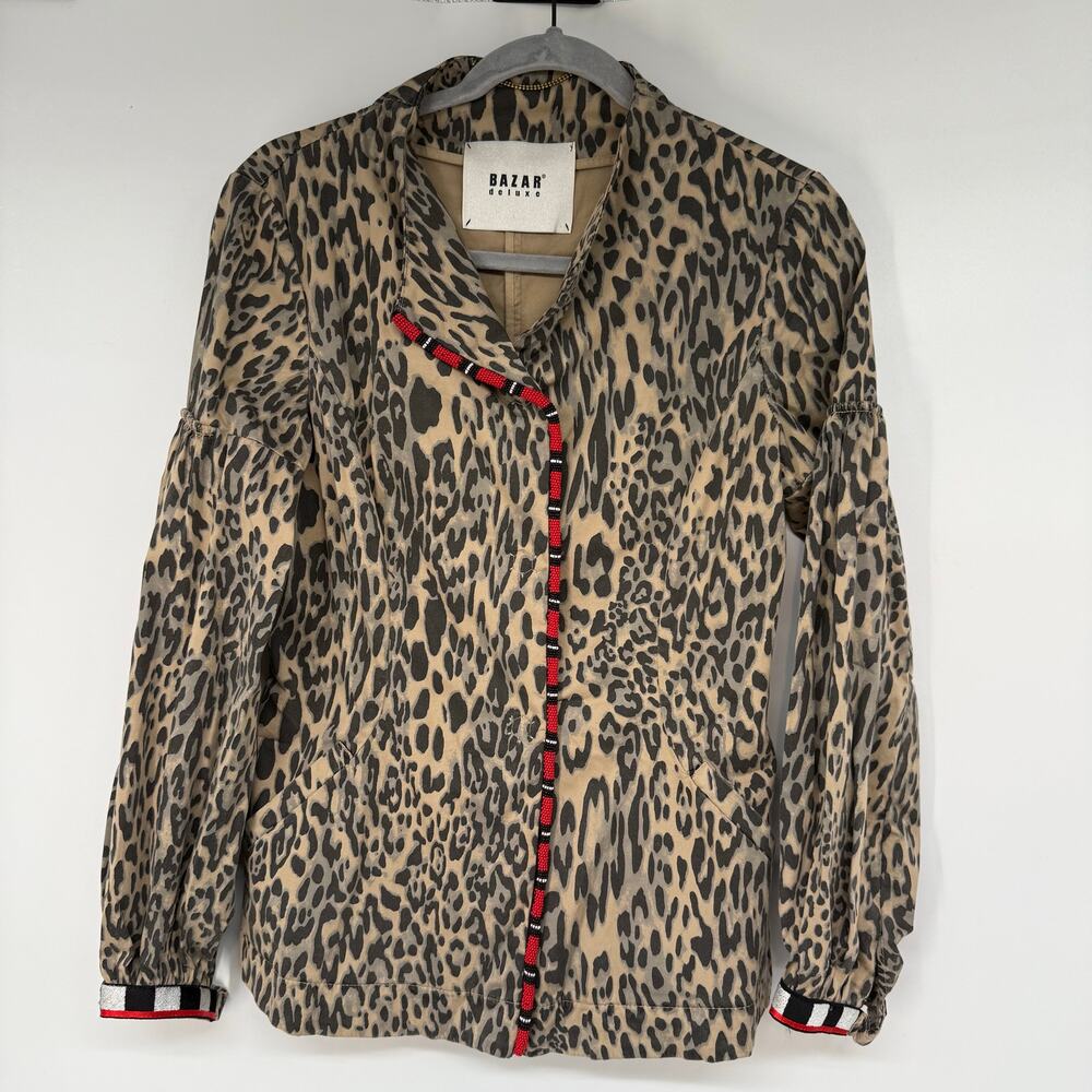 Bazar Deluxe Leopard Print Beaded Cotton Jacket Womens Sz 42 US 6 Brown